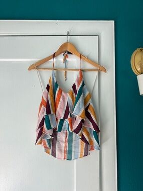 Mustard Seed Multicolor Striped Ruffle Halter Crop Top